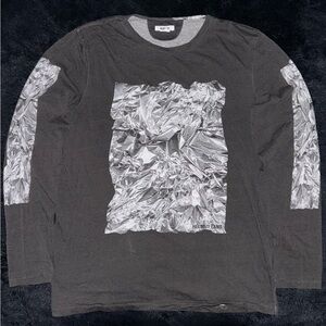 Helmut Lang Silver Crinkled Foil Print Long Sleeve 
-Size Large